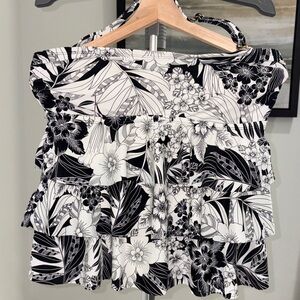 Island Escape Monochrome Floral Ruffle Blouse